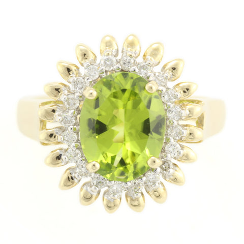 Peridot With a Halo of Diamonds and Golden Petals in a Sunflower Setting.  Gold Ring.