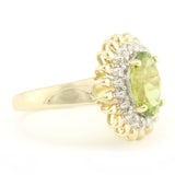 Peridot With a Halo of Diamonds and Golden Petals in a Sunflower Setting. Gold Ring.