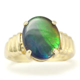 Unisex Ammolite Fossil Ring, Gold, Prong Setting, Doublet, Green and Blue