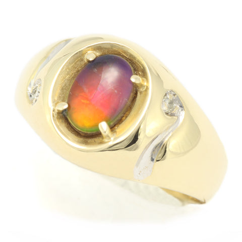 Full-Spectrum Ammolite Fossil in Yellow and White Gold Unisex Ring with Diamond Accents