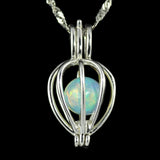 Small Ethiopian Opal Sphere in a Silver Cage Pendant on a Singapore Chain Necklace.