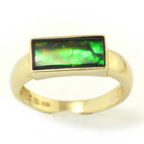 Men's Ammolite Fossil Ring, Horizontal Bar, Green and Gold, Bezel Setting